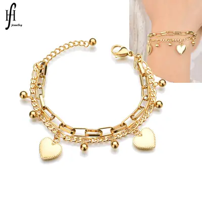 Gold Heart Charm Bracelet for Women Stainless Steel