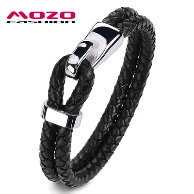 Stainless Steel Braided Leather Bracelet Black Men