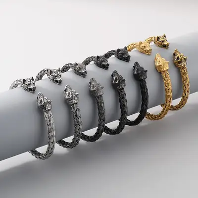 Stainless Steel Skull Bracelet Gold Black Braided Design