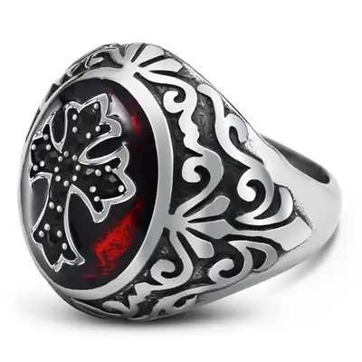 Stainless Steel Cross Design Ring Red Enamel Center