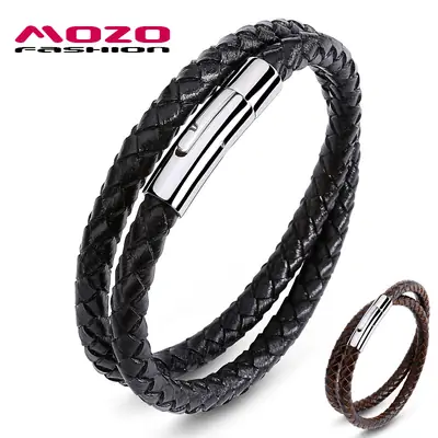 Black Leather Braided Bracelet with Magnetic Clasp