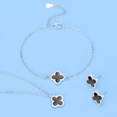 Silver Four-Leaf Clover Jewelry Set for Women