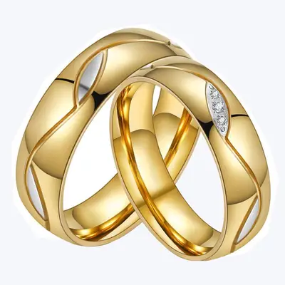 18K Gold Titanium Couple Rings with Diamond Accents