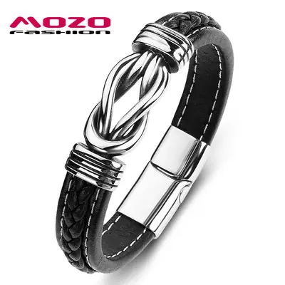 Stainless Steel Knot Bracelet Black Leather Pakistani Men
