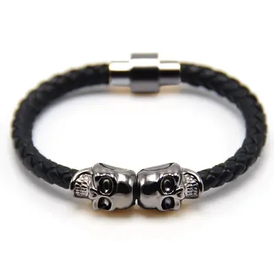 Men's Skull Charm Braided Black Cowhide Bracelet