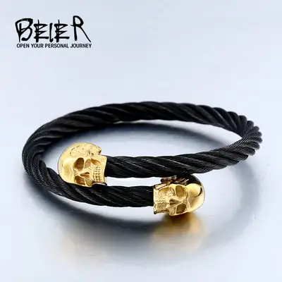 Gold Skull Bracelet for Men Black Twisted Wire