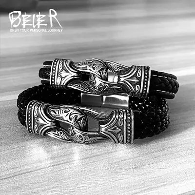 Black Viking Leather Bracelet for Men