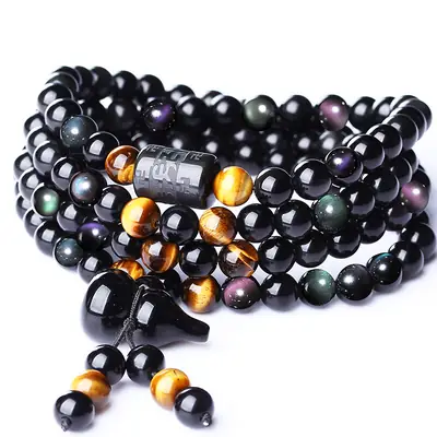 108 Bead Bracelet Rainbow Eye Obsidian Yellow Chalcedony