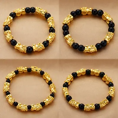 Gold Plated Pixiu Charm Bracelet Black Onyx Beads