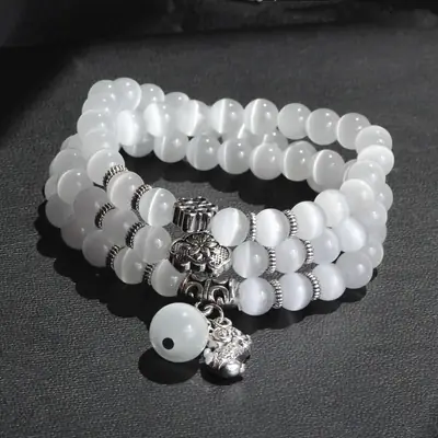 Cat Eye Bracelet for Women White Silver Beads