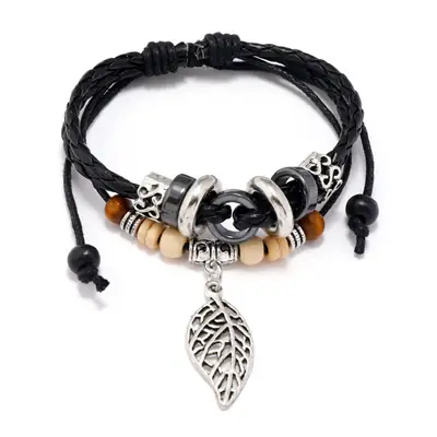 Vintage European Cowhide Bracelet with Leaf Pendant
