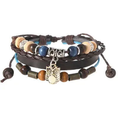 Retro Owl Bracelet Brown Leather Adjustable for Women
