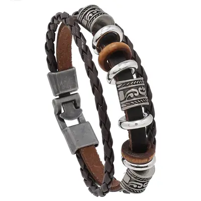 Men's Multi-Layer Leather Bracelet with Vintage Beads & Magnetic Buckle
