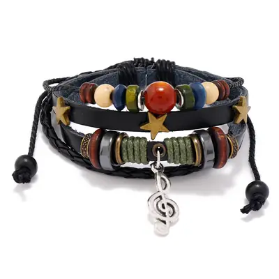 Vintage Leather Bracelet for Women with Beads & Treble Clef Charm
