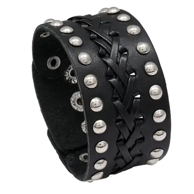 Black Leather Braided Bracelet with Silver Studs for Men