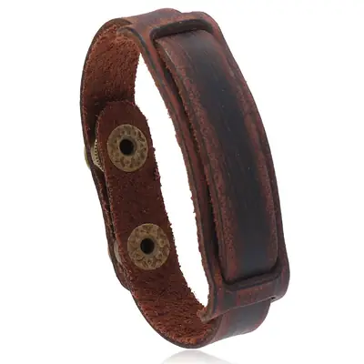 Vintage Cowhide Bracelet for Men, Dark Brown, Adjustable, Rustic Style