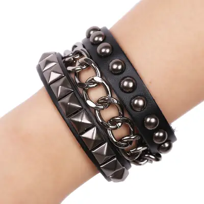 Black Punk Leather Bracelet Set for Women