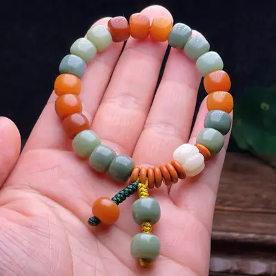 Vintage Duobao Bodhi Root Bracelet Orange Green White