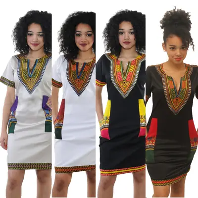 Women Printed Dashiki Dress with Pockets Black White Yellow