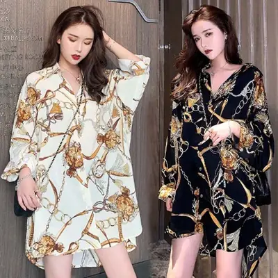 Women Chiffon Printed Shirt Set Summer Black XL