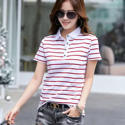 Women Red White Striped Polo Shirt Summer Slim Fit