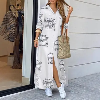White Printed Long Sleeve Shirt Dress for Women Spring Summer