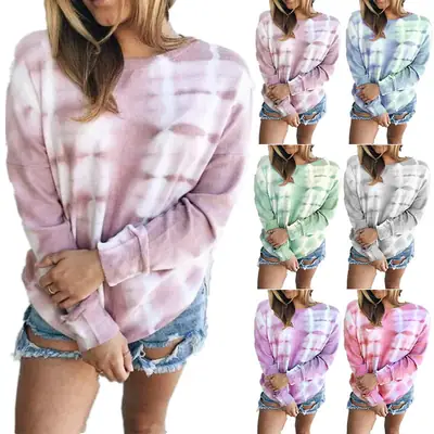 Women Tie-Dye Long Sleeve T-Shirt Gradient Pastel Casual Wear