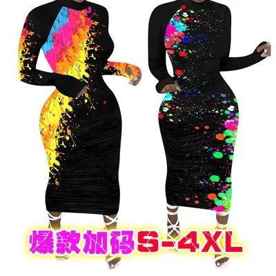 Women Graffiti Print Long Sleeve Dress S-4XL