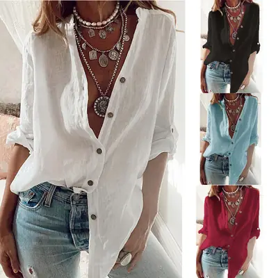 Women Loose V-Neck Cotton Shirt Multi Color
