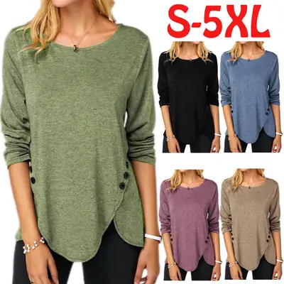 Women Button Front Irregular Hem Long Sleeve Tee S-5XL