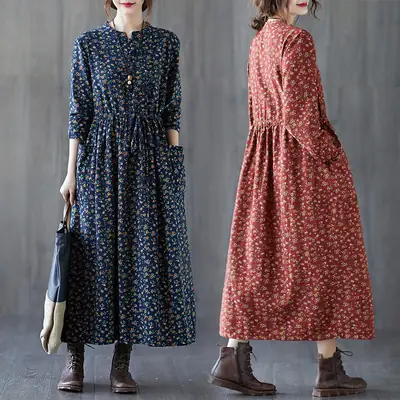 Women Floral Long Dress Cotton Linen Loose Fit Spring Fall