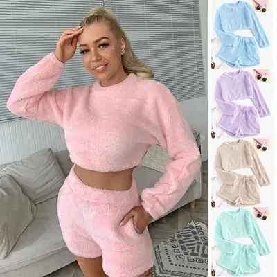 Women Fleece Crop Top Shorts Set Pink Autumn