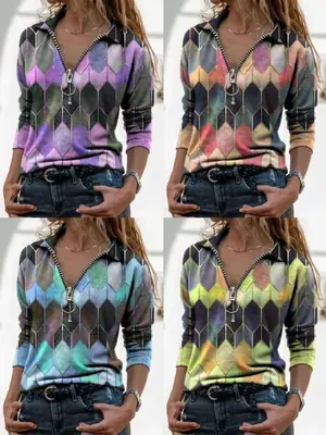 Women Printed Zipper Long Sleeve Top Slim Fit Multicolor