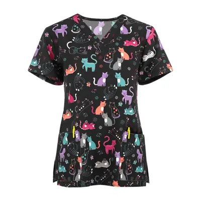 Women Printed Cat Scrubs Top Black with Pockets