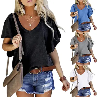 Women Loose V Neck Lotus Sleeve T-Shirt Black