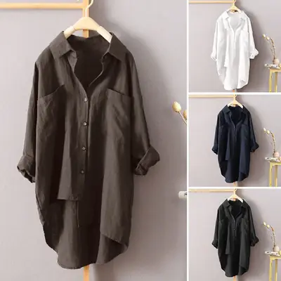 Women Casual Long Sleeve Shirt with Double Pockets Solid Color Irregular Hem