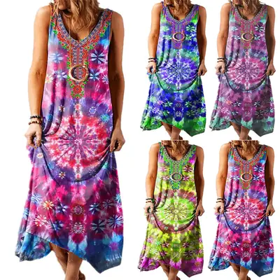 Women Ethnic Printed Loose Vest Dress Multi Color