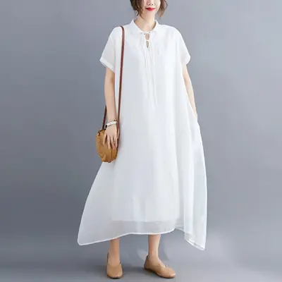 White Loose Summer Dress for Women XL with Lapel Lace-Up Design