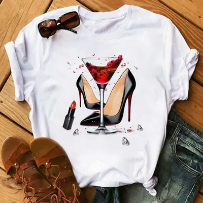 Women Printed High Heels Wine Glass T-Shirt Casual Fashion thumbnail 1