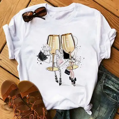 Women Printed High Heels Wine Glass T-Shirt Casual Fashion thumbnail 2