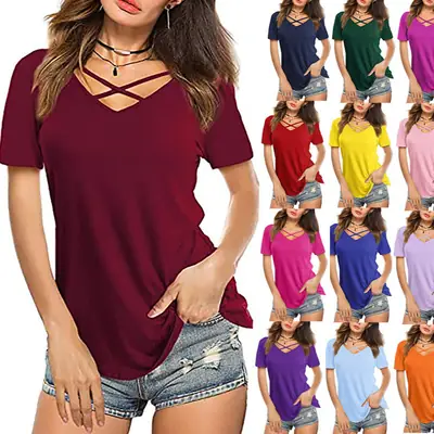 Women's Cross V Neck Loose T-Shirt Multi Color
