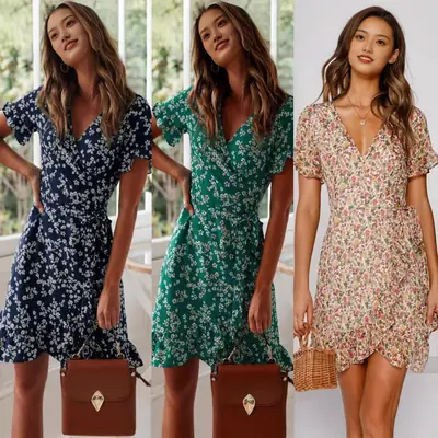 Women Floral V Neck High Waisted Summer Dress