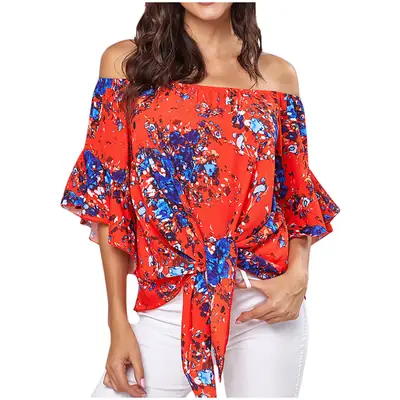 Women Loose Off-Shoulder Printed Top Red Summer