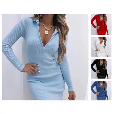 Women Autumn Long Sleeve Zipper Dress White High Waist