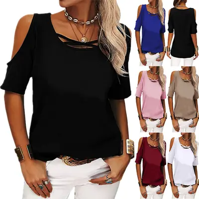 Women Off-Shoulder Loose T-Shirt Black Summer