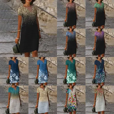 Women Printed V Neck Short Sleeve Dress Trendy Stylish