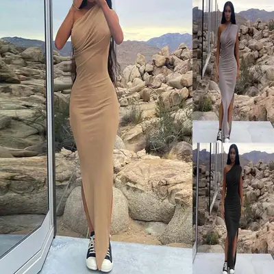Women Slim Fit Split Dress Khaki Summer New Collection