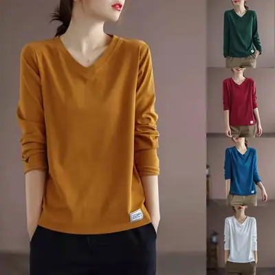 Women V Neck Long Sleeve T-Shirt Loose Fit Plus Size Autumn