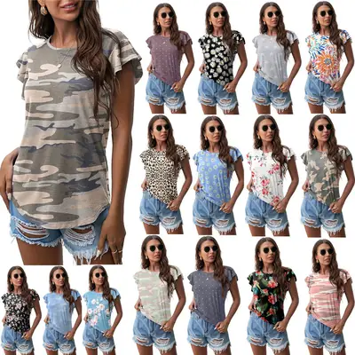 Women Printed Short Sleeve T-Shirt Camo Floral Trendy