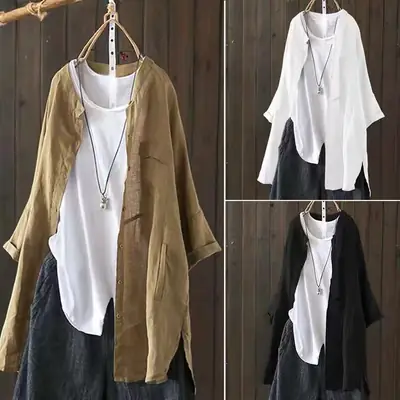 Women Loose Cotton Linen Shirt White Plus Size Autumn